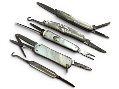 Lot 313 - Five Mother Of Pearl Folding Pocket Knives,...