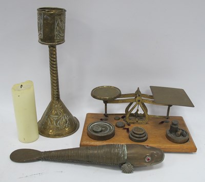 Lot 1249 - Oak Based Brass Letter Scales,25.5cm wide,...