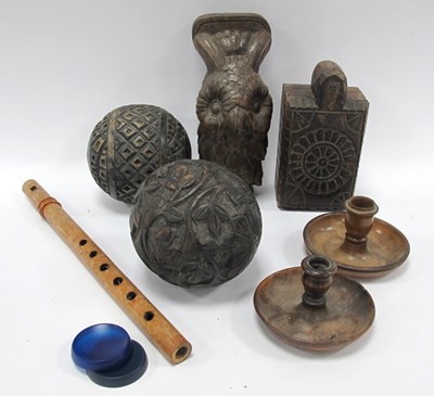 Lot 1193 - Carved Oak Owl Finial, wooden box and carved...