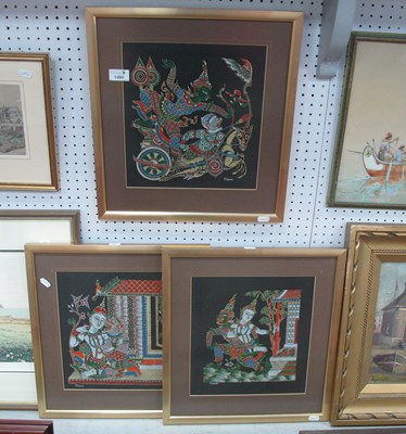 Lot 1490 - Three Vintage Framed Thai Fabric Artworks...