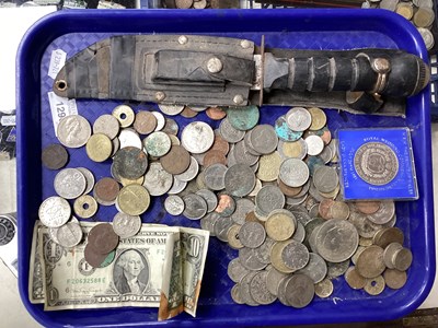 Lot 1290 - Leather scabbard, other knife, World coinage,...