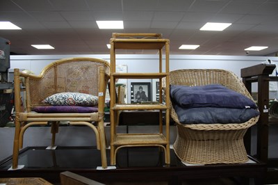 Lot 1529 - Bamboo Chair, bamboo four tier wat-not, wicker...