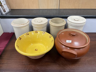 Lot 1165 - Four White Pottery Storage Jars, casserole pot,...