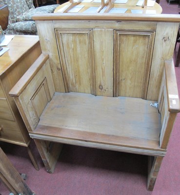Lot 1591 - Pine Bench, with a panelled back, panelled...