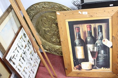 Lot 1508 - Wooden Easel, Wine & Corkscrew prints, brass...