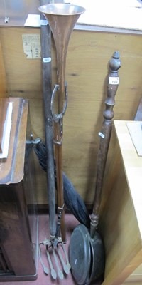 Lot 1554 - Copper Coaching Horn, warming pan, umbrella...
