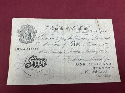 Lot 606 - Bank Of England White £5 Banknote, London 3rd...