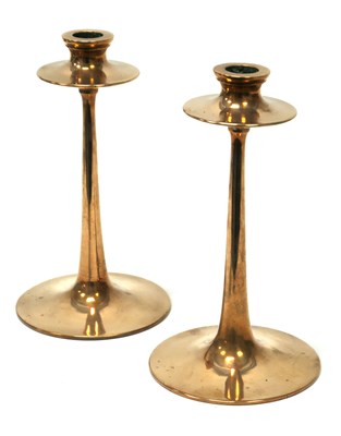 Lot 1415 - 'Arts & Crafts' Pair of Bronze Candlesticks,...