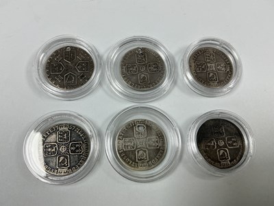 Lot 519 - Six XVIII Century GB Silver Sixpences, George...