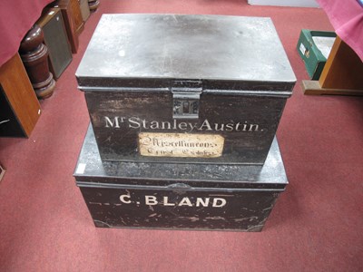 Lot 1170 - XIX Century Black Painted Tin Trunks, the...