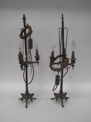 Lot 1475 - Pair of vintage brass three-light candelabra...