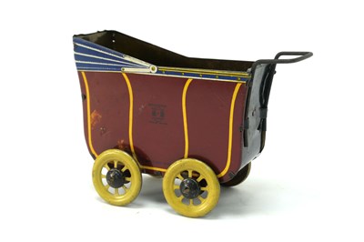 Lot 976 - 1930s Wells Tinplate Toy Pram, maroon/yellow...