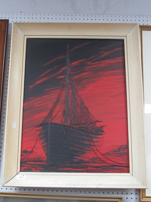 Lot 1511 - Passeur, Moored Ship Under Red Skies, oil on...