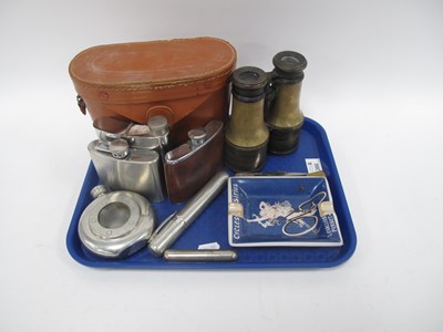 Lot 1386 - Lemair Paris Binoculars, four hip flasks,...