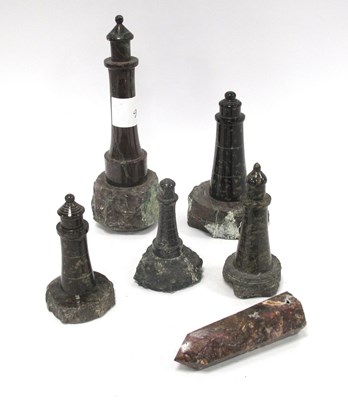 Lot 1321 - Five Cornish serpentine models of lighthouses,...