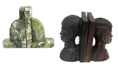 Lot 1318 - Pairs of Bookends, green alabaster and ethnic...