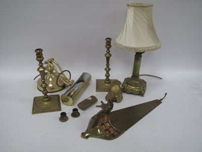 Lot 1323 - Table Lamps, candlesticks, ships head wall...