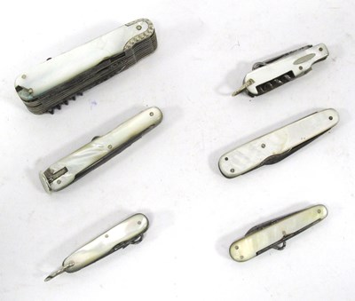 Lot 1300 - Six Multi Tool Folding Pocket Knives, mother...