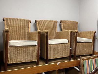 Lot 1585 - Three Wooden Framed Cane Patio Chairs.