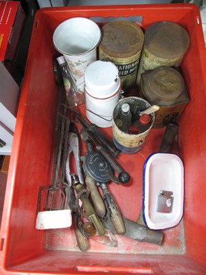 Lot 1024 - Enamelled Milk Pail, tins, knives, Qualcast...