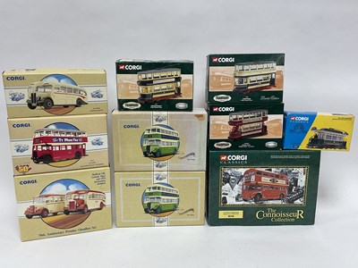 Lot 535 - Eleven Corgi Diecast model Buses and Trams, to...