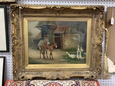 Lot 1471 - A.J. Hunt, Donkey & Foal Greeted by Five Geese...