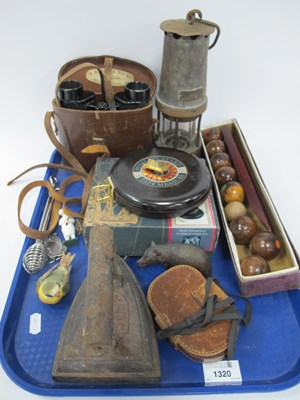 Lot 1320 - Miners Lamp, carpet bowls, binoculars, tape...