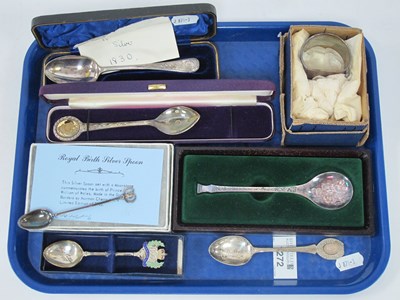 Lot 1272 - Sterling silver spoons and napkin ring,...