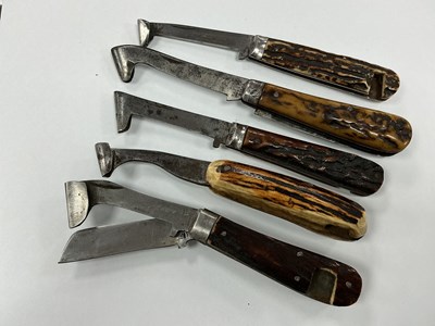 Lot 337 - Four Wood Scribing Pocket Knives, stag handles,...
