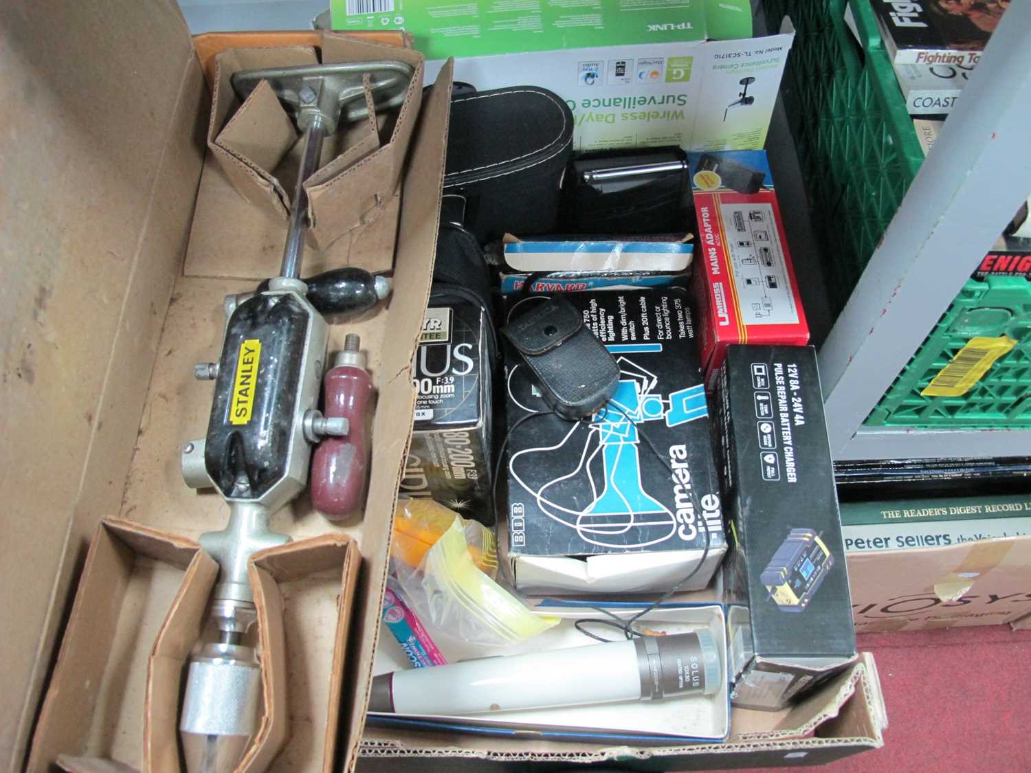 Lot 1072 - Stanley Hand Drill, Sirius lens, binoculars,...