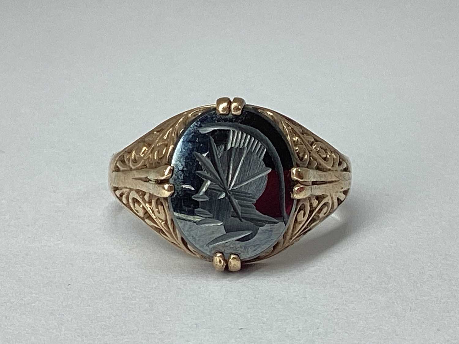Lot 70 - A 9ct Gold Carved Hematite Signet Style Ring,...