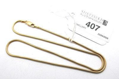 Lot 407 - A 9ct Gold Snake Link Smooth Chain, 40.5cm...