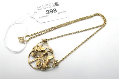 Lot 398 - A 9ct Gold Openwork Pendant, of stylised bird...