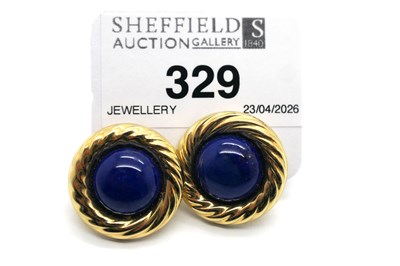 Lot 329 - A Pair of Lapis Lazuli Inset Circular Earrings,...