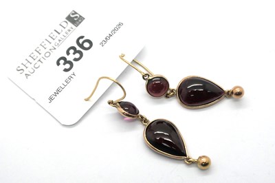 Lot 336 - A Pair of Cabochon Garnet Drop Earrings,...