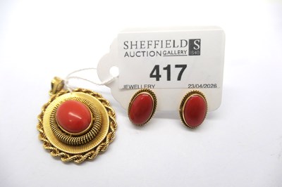 Lot 417 - A Coral Set Large Oval Panel Pendant, oval...