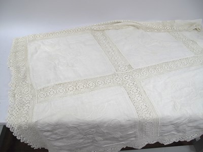 Lot 1434 - White Linen Tablecloth with crocheted edge and...