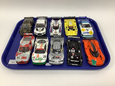 Lot 761 - Ten 1:32 scale slot cars. Mostly with a GT, Le...