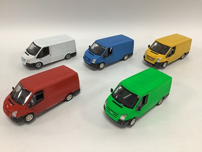 Lot 597 - Five 1:32 scale slot Ford Transit Vans....