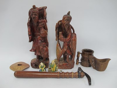Lot 1310 - Chinese Carved Hardwood Figures, truncheon...
