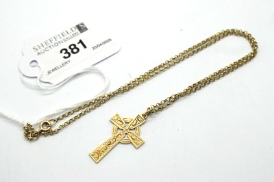 Lot 381 - A 9ct Gold Celtic Cross Pendant, suspended on...