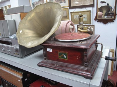 Lot 1437 - HMV Brass Horn Gramophone, joint damaged.