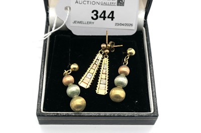 Lot 344 - A Pair of 9ct Gold Three Colour Ball Drop...