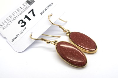 Lot 317 - A Pair of 9ct Gold Goldstone Inset Oval Panel...