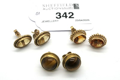 Lot 342 - A Pair of Tiger's Eye Single Stone Earrings,...