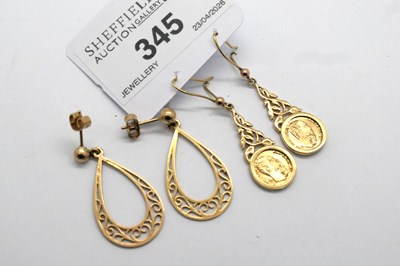 Lot 345 - A Pair of 9ct Gold Drop Earrings, together...