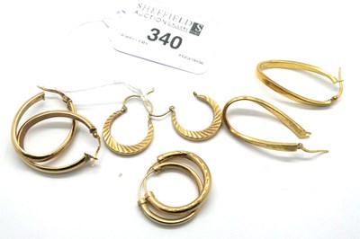Lot 340 - Four Pairs of Hoop Earrings, including 9ct...
