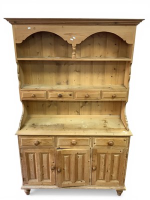 Lot 1545 - XX Century Pine Kitchen Dresser, the top with...