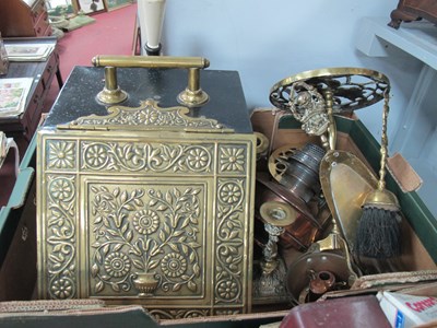 Lot 1154 - Brass Coal Bin, brass trivet, pair of brass...