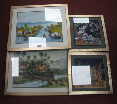 Lot 1308 - Four framed decorative artworks, including two...